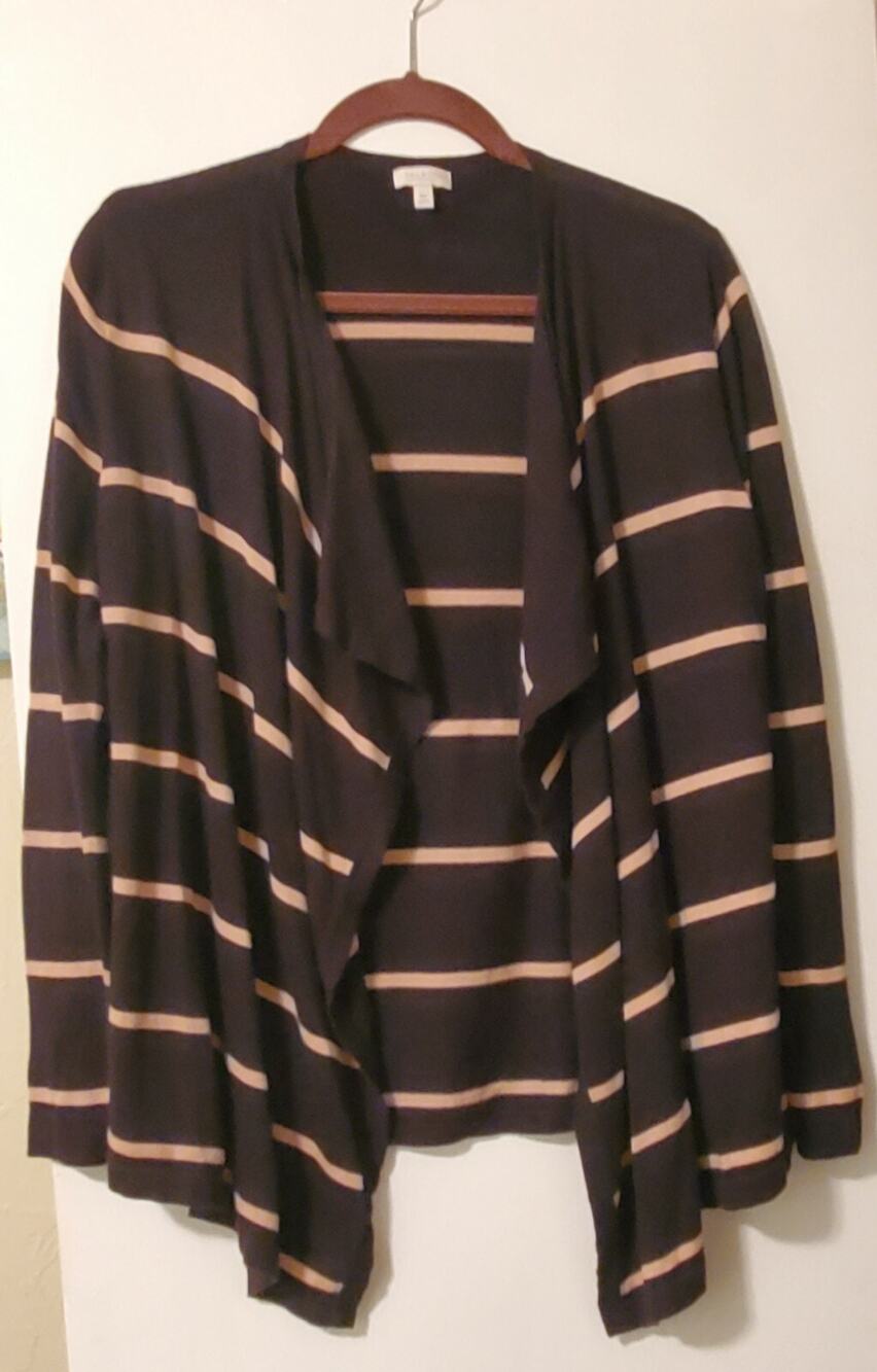 Talbots Cardigan Sweater Open Front Drape Black Mauve Stripe Petite M